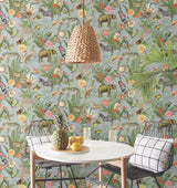 Tropical Zoo Green Peel & Stick Vinyl Wallpaper with Botanical Animal Motif - York RMK12202WP