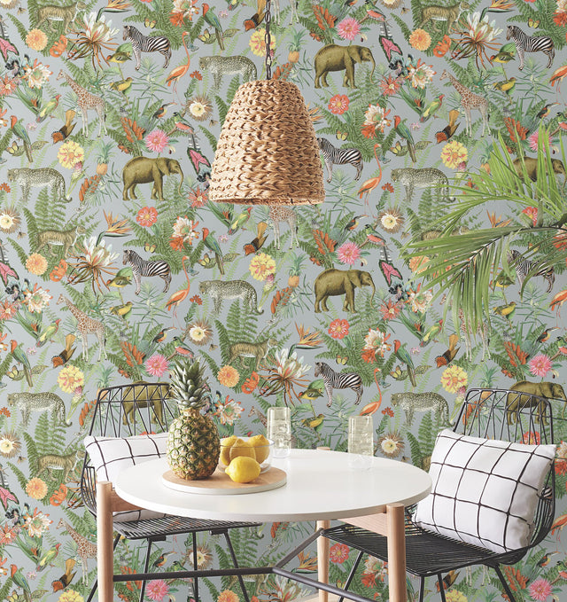 Tropical Zoo Green Peel & Stick Vinyl Wallpaper with Botanical Animal Motif - York RMK12202WP