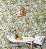 Tropical Zoo Green Peel & Stick Vinyl Wallpaper with Botanical Animal Motif - York RMK12202WP