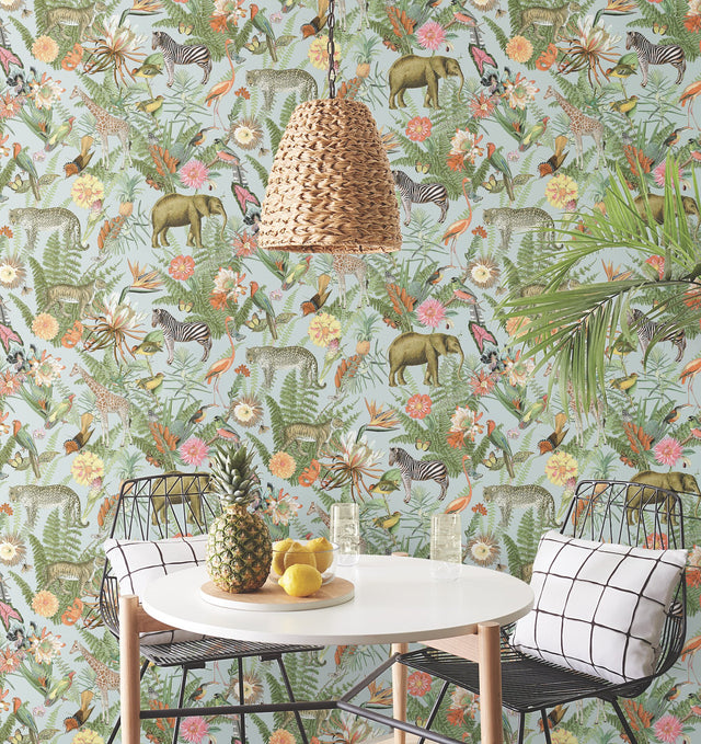 Tropical Zoo Green Peel & Stick Vinyl Wallpaper with Botanical Animal Motif - York RMK12202WP