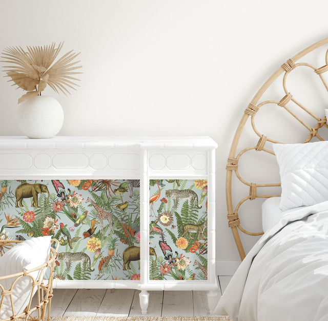 Tropical Zoo Green Peel & Stick Vinyl Wallpaper with Botanical Animal Motif - York RMK12202WP