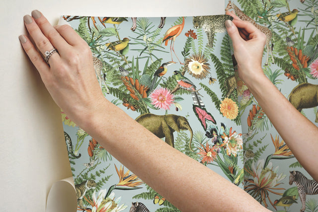 Tropical Zoo Green Peel & Stick Vinyl Wallpaper with Botanical Animal Motif - York RMK12202WP