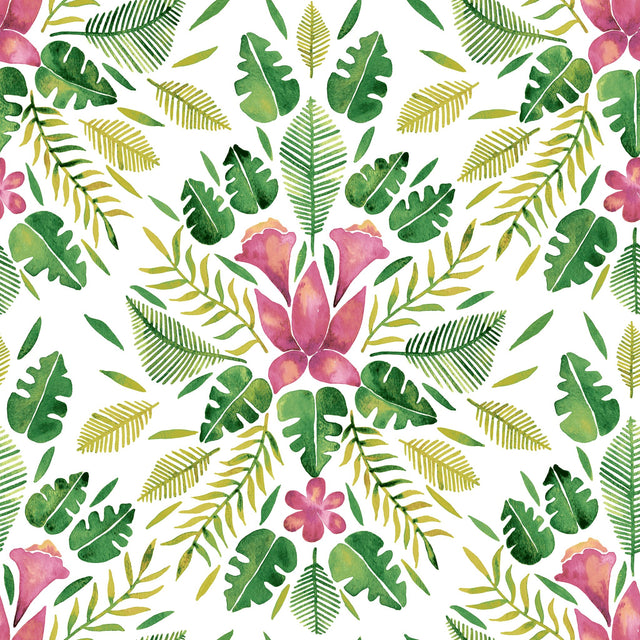 Cat Coquillette Tropical Green Peel & Stick Wallpaper with Botanical Flowers Motif, Whimsical Style - York RMK12204WP
