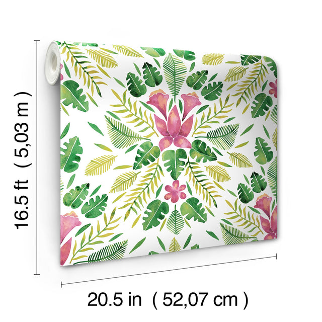 Cat Coquillette Tropical Green Peel & Stick Wallpaper with Botanical Flowers Motif, Whimsical Style - York RMK12204WP