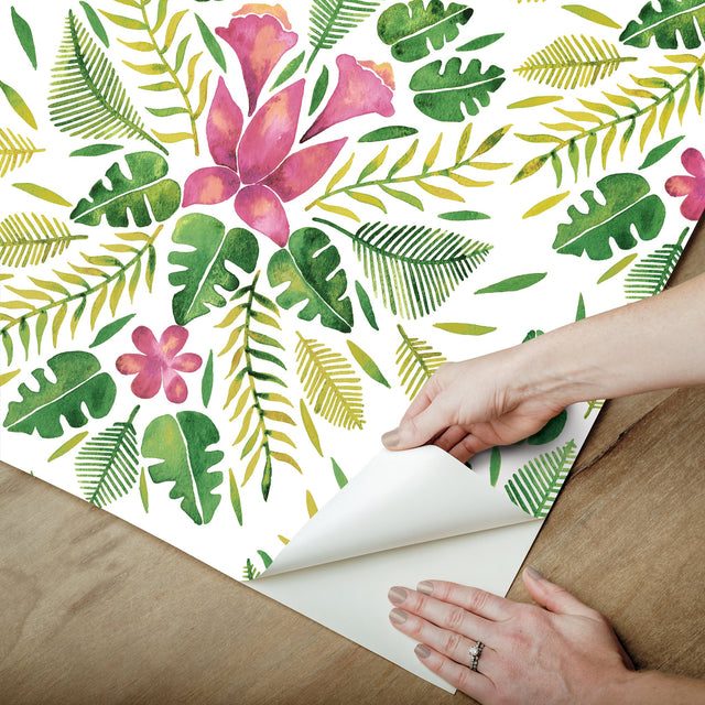 Cat Coquillette Tropical Green Peel & Stick Wallpaper with Botanical Flowers Motif, Whimsical Style - York RMK12204WP