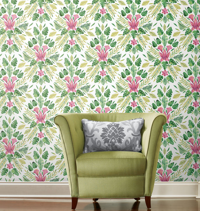 Cat Coquillette Tropical Green Peel & Stick Wallpaper with Botanical Flowers Motif, Whimsical Style - York RMK12204WP