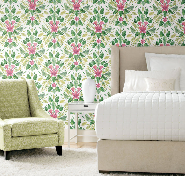 Cat Coquillette Tropical Green Peel & Stick Wallpaper with Botanical Flowers Motif, Whimsical Style - York RMK12204WP