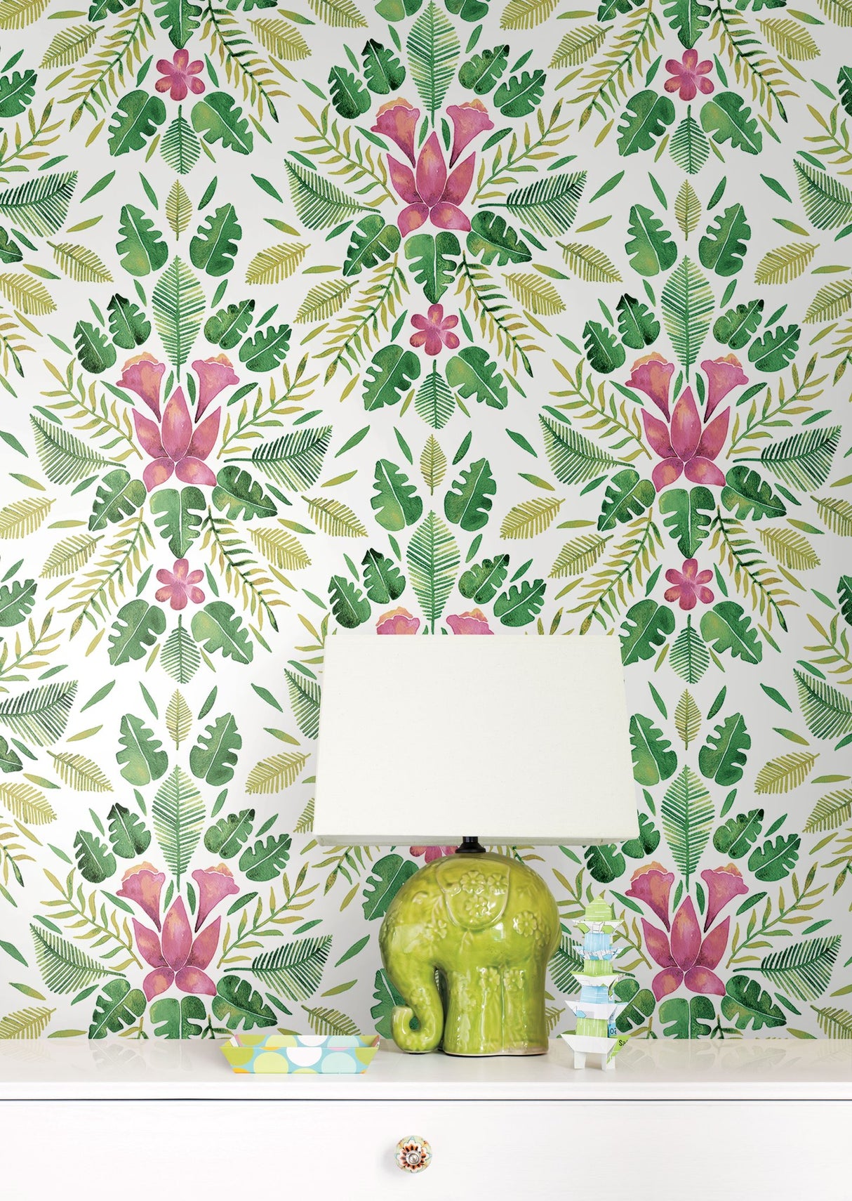 Cat Coquillette Tropical Green Peel & Stick Wallpaper with Botanical Flowers Motif, Whimsical Style - York RMK12204WP