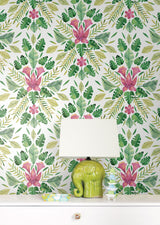 Cat Coquillette Tropical Green Peel & Stick Wallpaper with Botanical Flowers Motif, Whimsical Style - York RMK12204WP