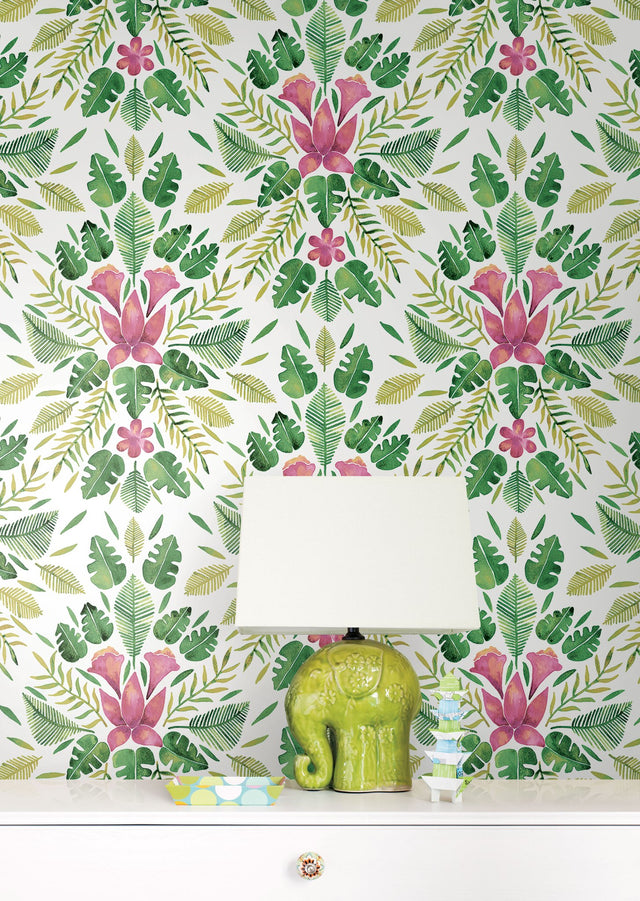 Cat Coquillette Tropical Green Peel & Stick Wallpaper with Botanical Flowers Motif, Whimsical Style - York RMK12204WP
