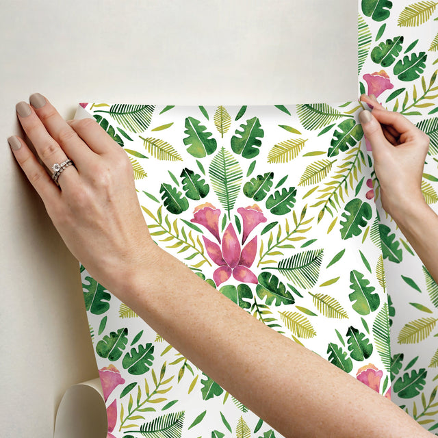 Cat Coquillette Tropical Green Peel & Stick Wallpaper with Botanical Flowers Motif, Whimsical Style - York RMK12204WP