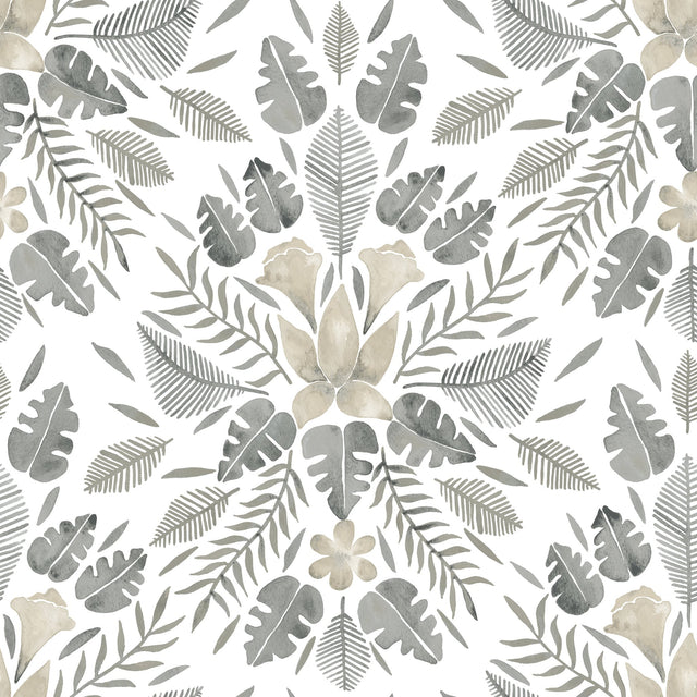 Grey Cat Coquillette Tropical Peel & Stick Wallpaper in Grey with Botanical Floral Motif - York RMK12205WP