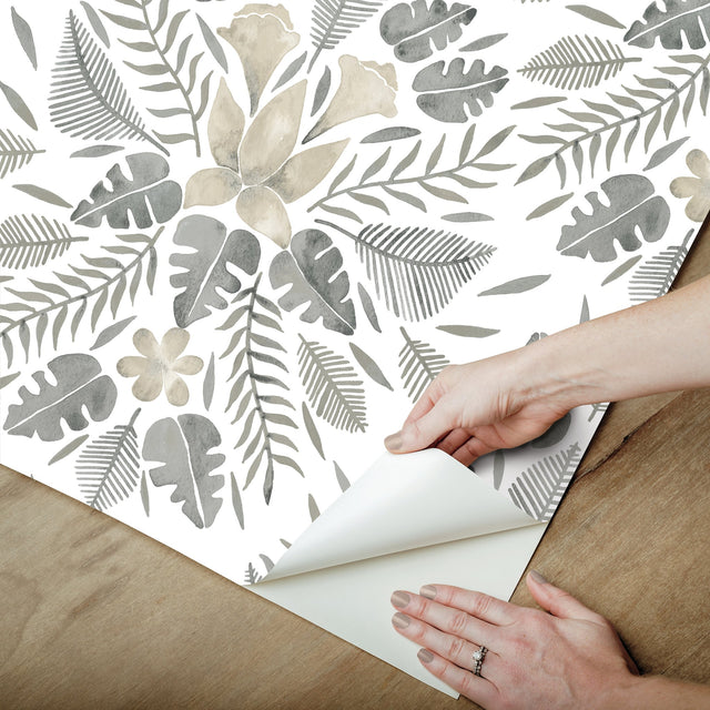 Grey Cat Coquillette Tropical Peel & Stick Wallpaper in Grey with Botanical Floral Motif - York RMK12205WP