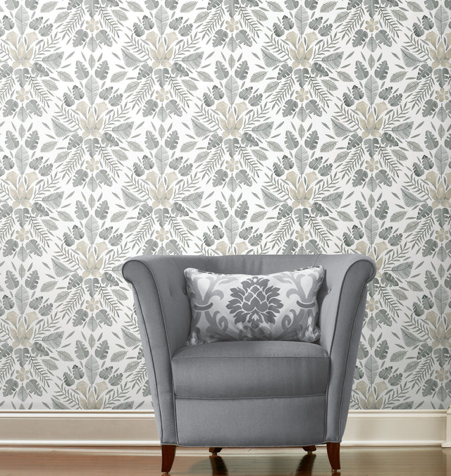 Grey Cat Coquillette Tropical Peel & Stick Wallpaper in Grey with Botanical Floral Motif - York RMK12205WP