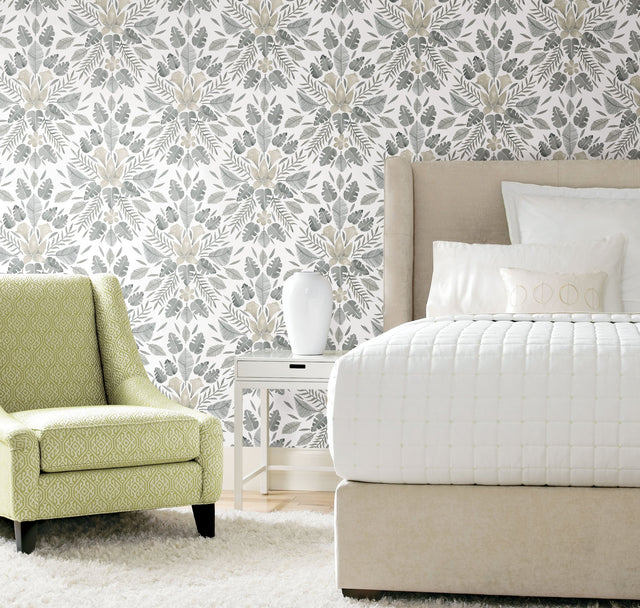 Grey Cat Coquillette Tropical Peel & Stick Wallpaper in Grey with Botanical Floral Motif - York RMK12205WP