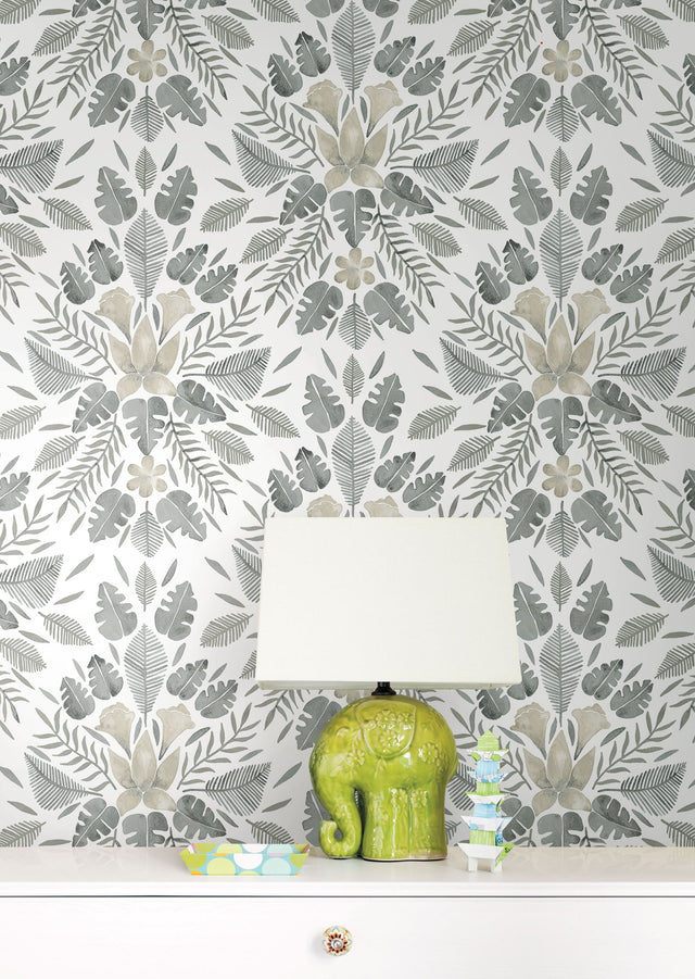 Grey Cat Coquillette Tropical Peel & Stick Wallpaper in Grey with Botanical Floral Motif - York RMK12205WP