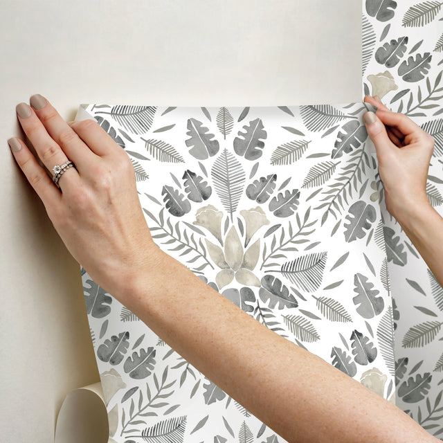 Grey Cat Coquillette Tropical Peel & Stick Wallpaper in Grey with Botanical Floral Motif - York RMK12205WP