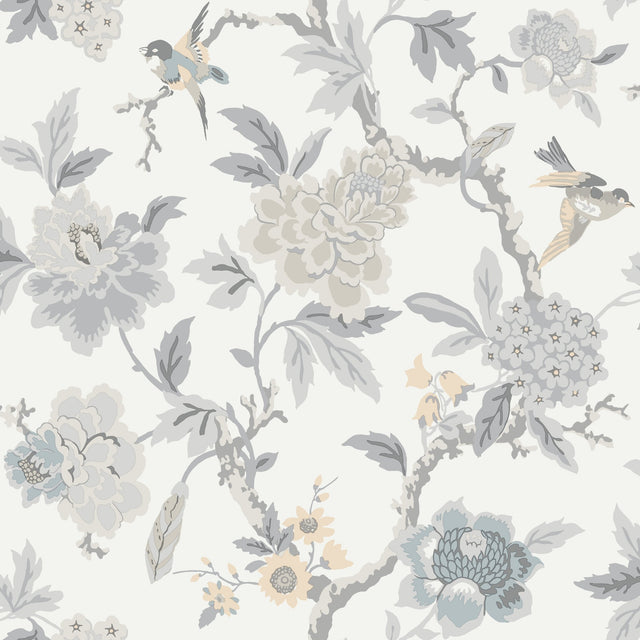 Candid Moments Grey Peel & Stick Wallpaper with Botanical Floral Chinoiserie Pattern - York RMK12206WP