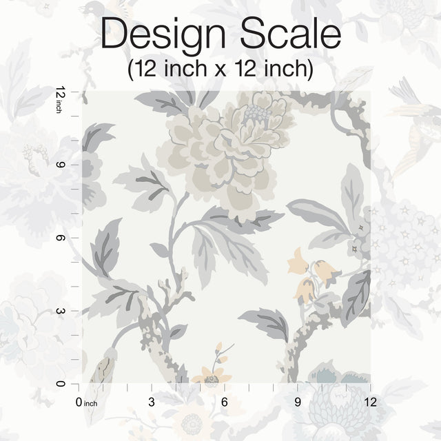 Candid Moments Grey Peel & Stick Wallpaper with Botanical Floral Chinoiserie Pattern - York RMK12206WP