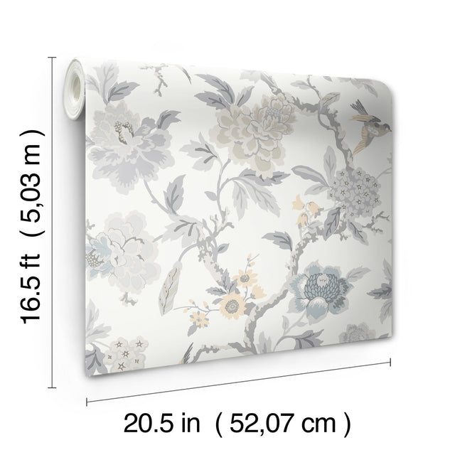 Candid Moments Grey Peel & Stick Wallpaper with Botanical Floral Chinoiserie Pattern - York RMK12206WP