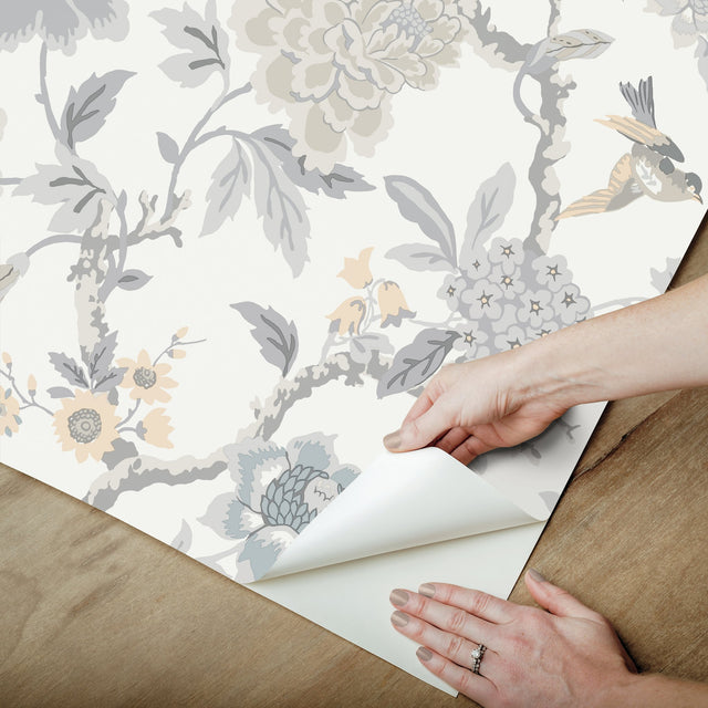 Candid Moments Grey Peel & Stick Wallpaper with Botanical Floral Chinoiserie Pattern - York RMK12206WP