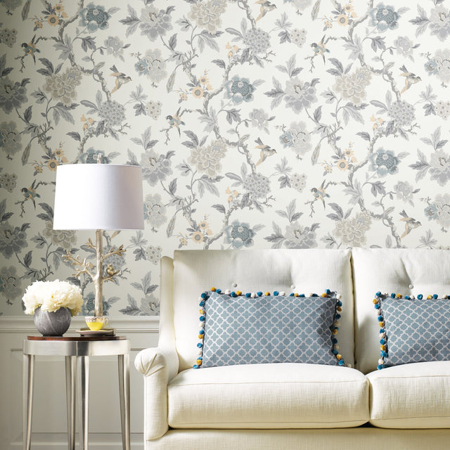 Candid Moments Grey Peel & Stick Wallpaper with Botanical Floral Chinoiserie Pattern - York RMK12206WP