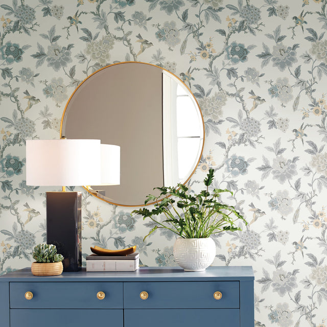 Candid Moments Grey Peel & Stick Wallpaper with Botanical Floral Chinoiserie Pattern - York RMK12206WP