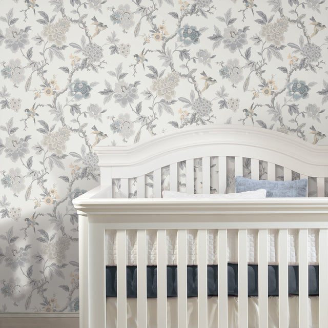 Candid Moments Grey Peel & Stick Wallpaper with Botanical Floral Chinoiserie Pattern - York RMK12206WP