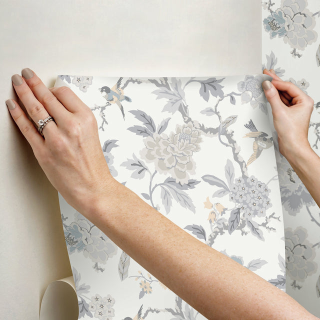Candid Moments Grey Peel & Stick Wallpaper with Botanical Floral Chinoiserie Pattern - York RMK12206WP