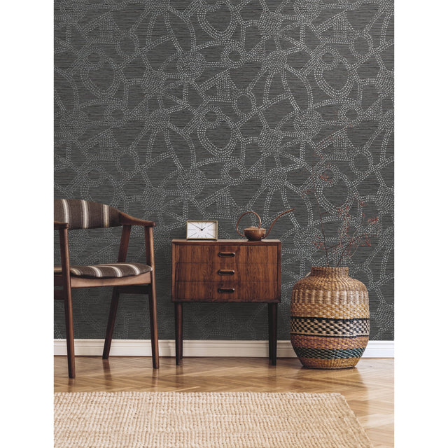 Amhara Grey Peel & Stick Wallpaper with Metallic Abstract Dot Linework - York RMK12234PL