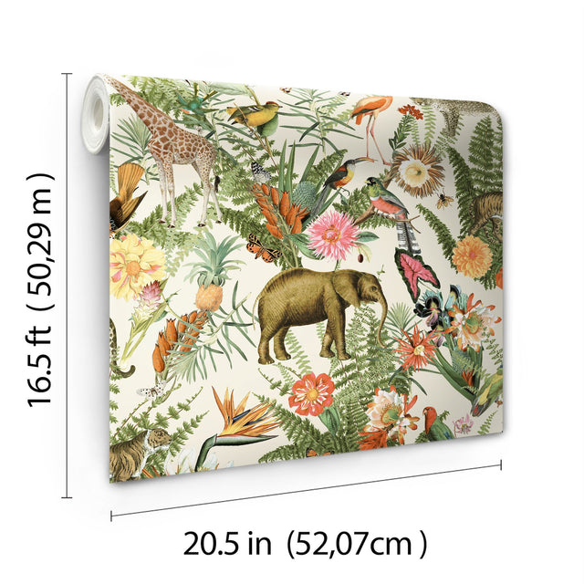 Tropical Zoo Green Peel & Stick Wallpaper with Tropical Botanical Animal Motif - York RMK12239WP