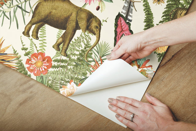 Tropical Zoo Green Peel & Stick Wallpaper with Tropical Botanical Animal Motif - York RMK12239WP