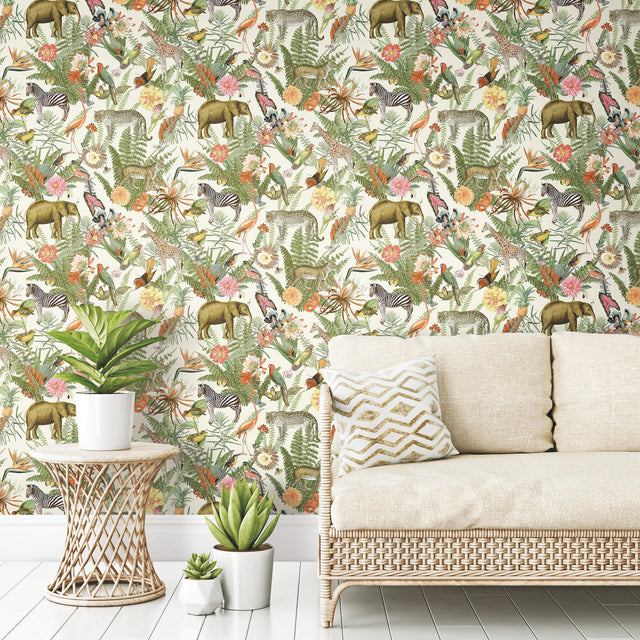 Tropical Zoo Green Peel & Stick Wallpaper with Tropical Botanical Animal Motif - York RMK12239WP