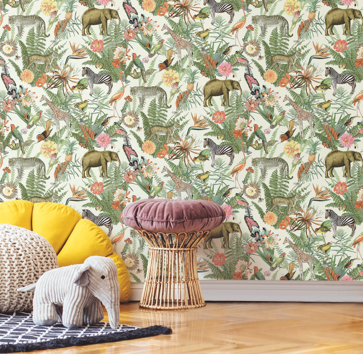 Tropical Zoo Green Peel & Stick Wallpaper with Tropical Botanical Animal Motif - York RMK12239WP
