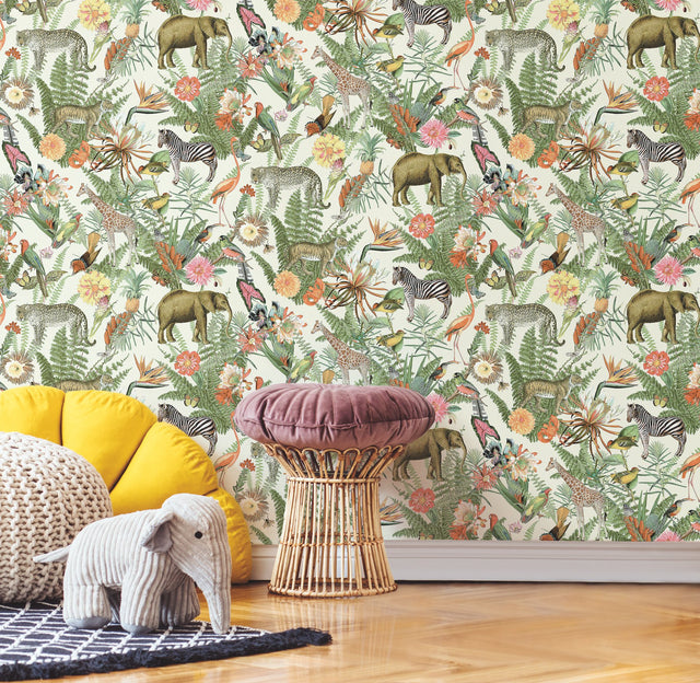 Tropical Zoo Green Peel & Stick Wallpaper with Tropical Botanical Animal Motif - York RMK12239WP