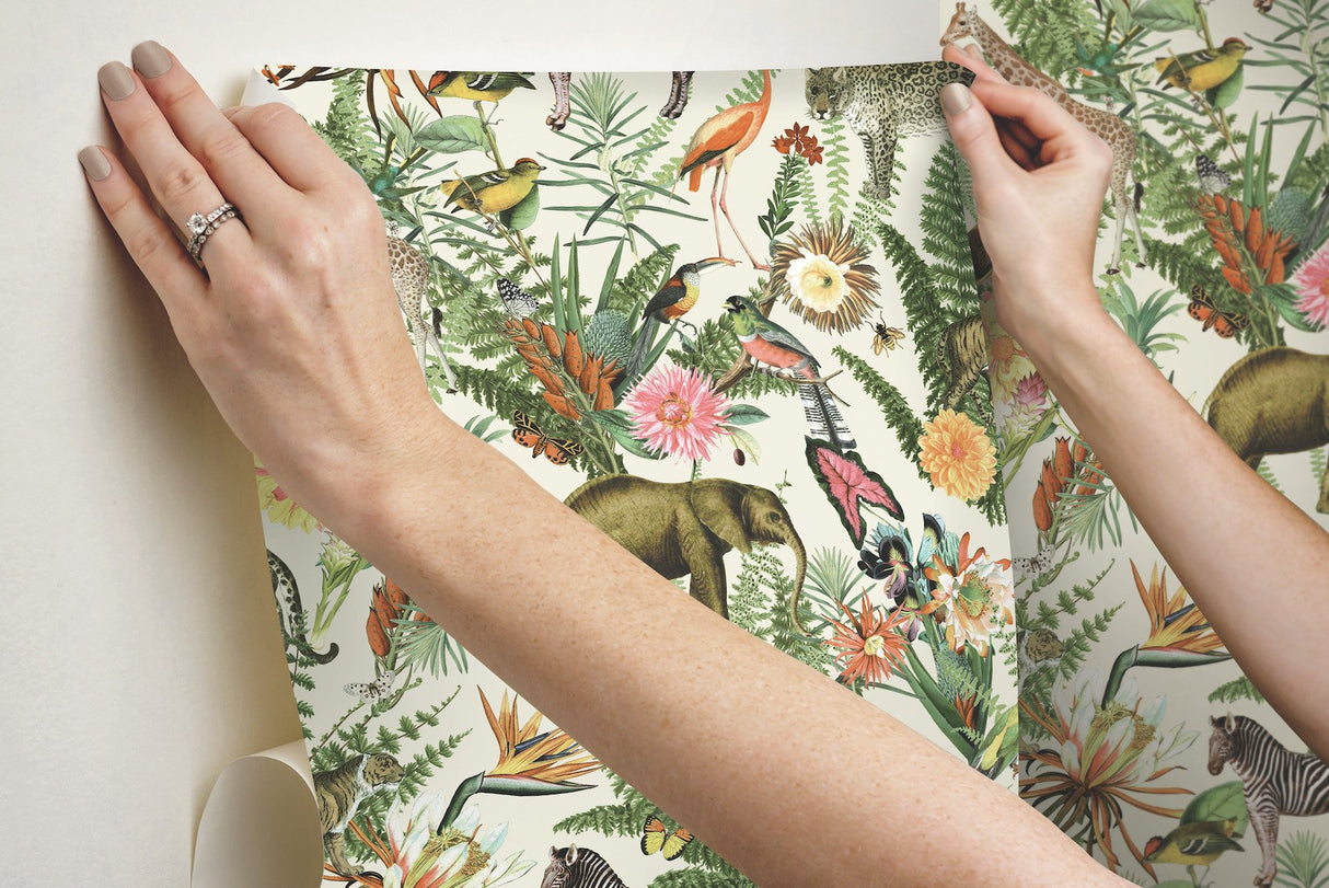 Tropical Zoo Green Peel & Stick Wallpaper with Tropical Botanical Animal Motif - York RMK12239WP
