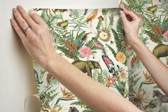 Tropical Zoo Green Peel & Stick Wallpaper with Tropical Botanical Animal Motif - York RMK12239WP