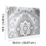 Bohemian Ikat Grey Peel & Stick Wallpaper with Botanical Leaves Pattern, Tropical Style - York RMK12250PLW