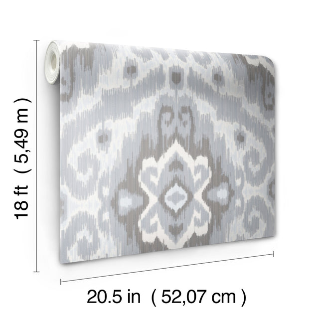 Bohemian Ikat Grey Peel & Stick Wallpaper with Botanical Leaves Pattern, Tropical Style - York RMK12250PLW