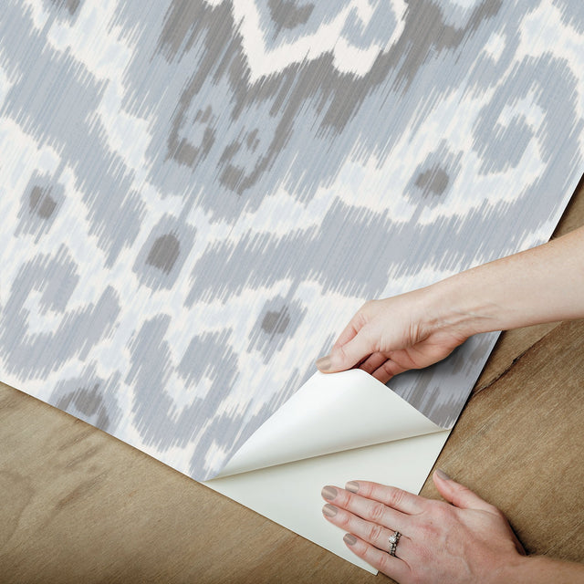 Bohemian Ikat Grey Peel & Stick Wallpaper with Botanical Leaves Pattern, Tropical Style - York RMK12250PLW