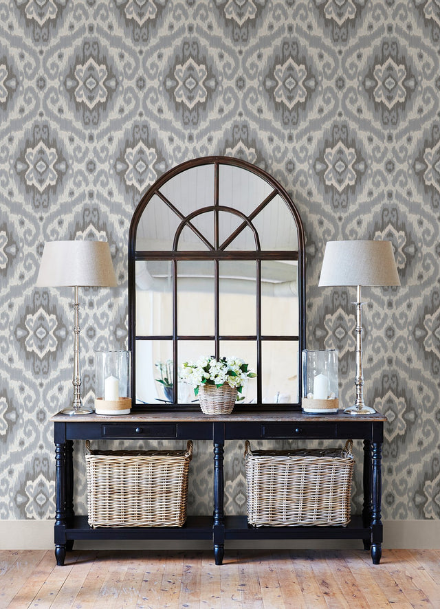 Bohemian Ikat Grey Peel & Stick Wallpaper with Botanical Leaves Pattern, Tropical Style - York RMK12250PLW
