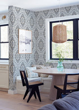 Bohemian Ikat Grey Peel & Stick Wallpaper with Botanical Leaves Pattern, Tropical Style - York RMK12250PLW
