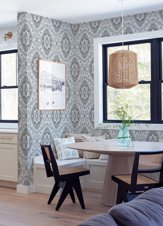Bohemian Ikat Grey Peel & Stick Wallpaper with Botanical Leaves Pattern, Tropical Style - York RMK12250PLW