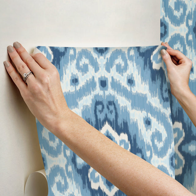 Bohemian Ikat Blue Peel & Stick Wallpaper with Abstract Ikat Motif - York RMK12253PLW