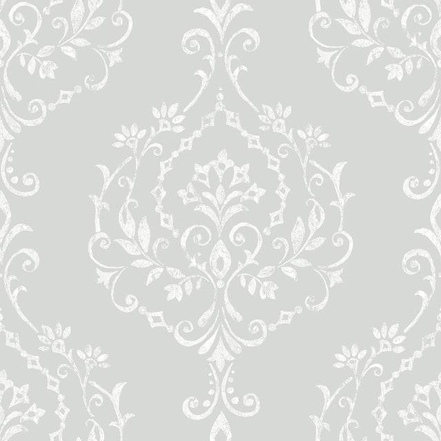 New Damask Grey Peel & Stick Wallpaper with Traditional Damask Pattern - York RMK12258PL