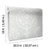 New Damask Grey Peel & Stick Wallpaper with Traditional Damask Pattern - York RMK12258PL