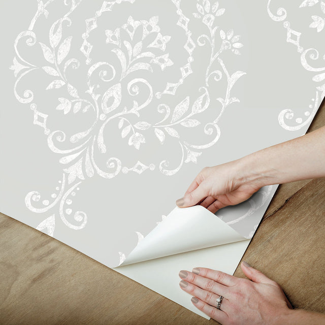New Damask Grey Peel & Stick Wallpaper with Traditional Damask Pattern - York RMK12258PL