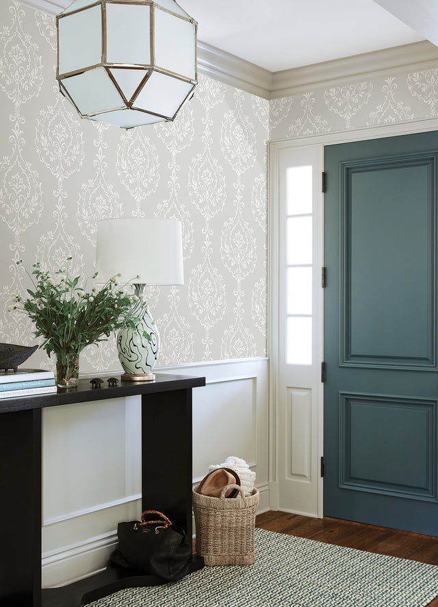 New Damask Grey Peel & Stick Wallpaper with Traditional Damask Pattern - York RMK12258PL