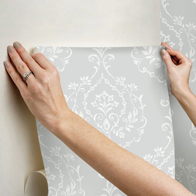 New Damask Grey Peel & Stick Wallpaper with Traditional Damask Pattern - York RMK12258PL