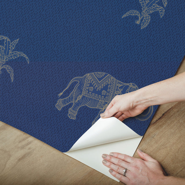 Elephant Walk Blue Peel & Stick Wallpaper with Metallic Animal Motif - York RMK12263PL